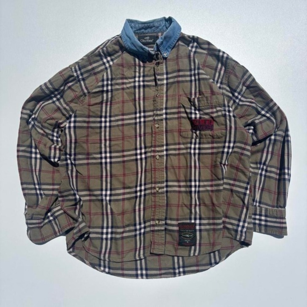 Old River khaki plaid button up shirt with denim collar